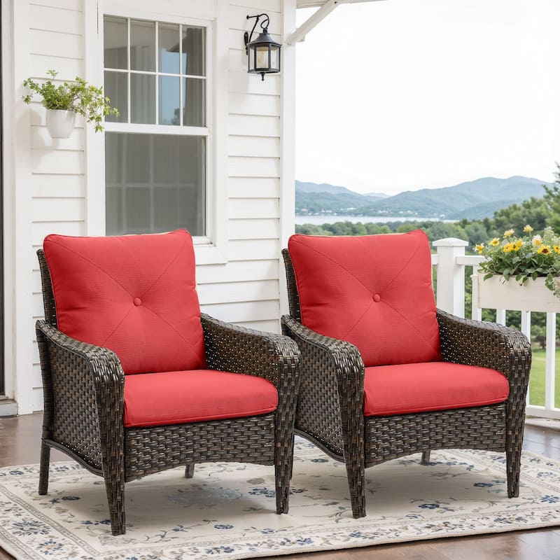 2 Pieces PE Rattan Wicker Chairs Outdoor Garden Chairs - Red