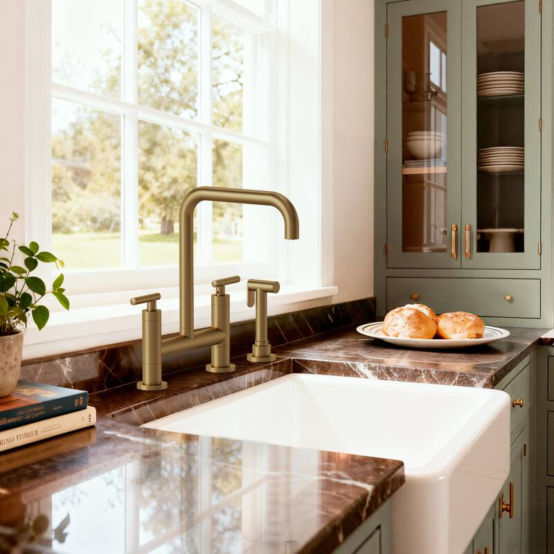 2-Handle Deck Mount Kitchen Faucet 2-Hole Bridge Kitchen Faucet with Side Sprayer - Brushed Gold