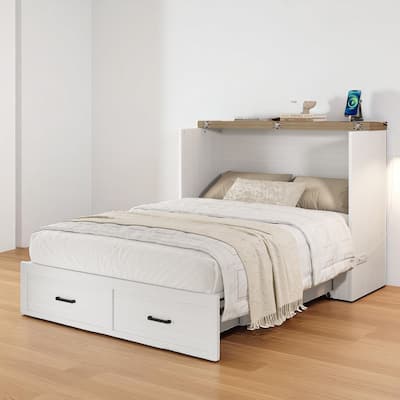 Foldable Murphy Bed Cabinet Full/Queen with USB & Type-C Ports and Storage Drawer for Guest Room