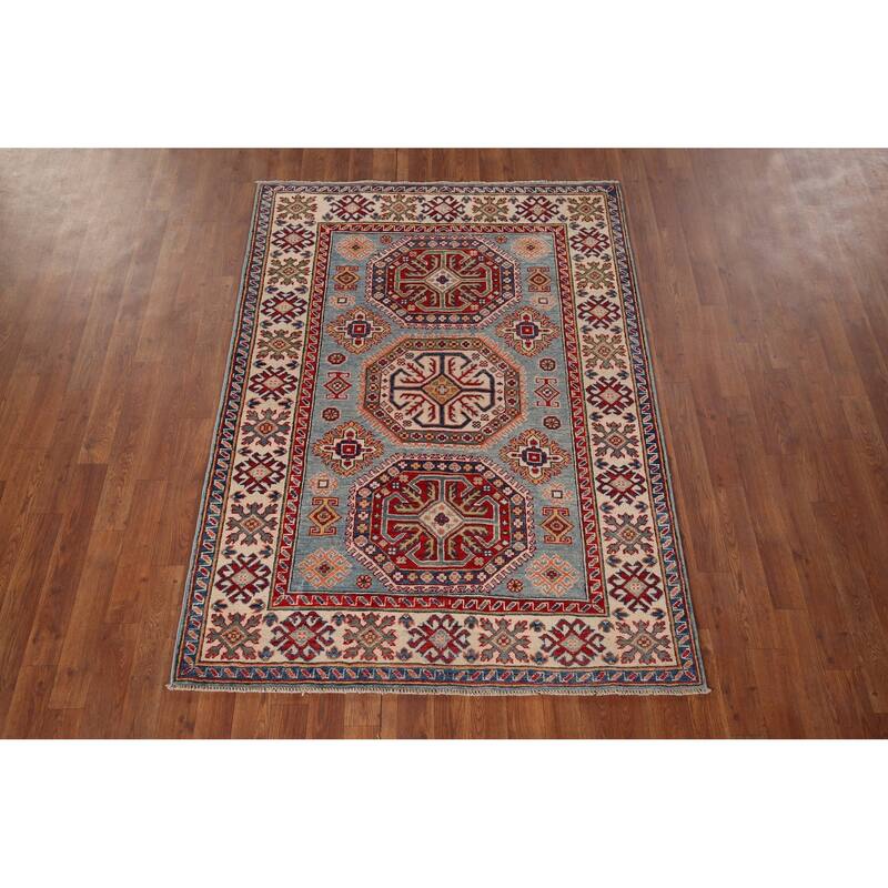 Blue Geometric Kazak Accent Rug Hand-Knotted Wool Carpet - 4'1" x 5'10"