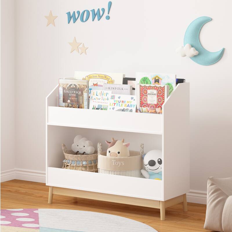 Anmytek White Toddler Book Display Shelf with Storage, Wooden Kids Bookcase Organizer for Bedroom or Playroom