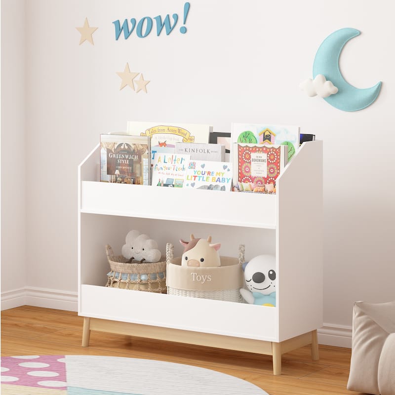 Toddler Book Display Shelf with Storage, Wooden Kids Bookcase Organizer for Bedroom or Playroom, White