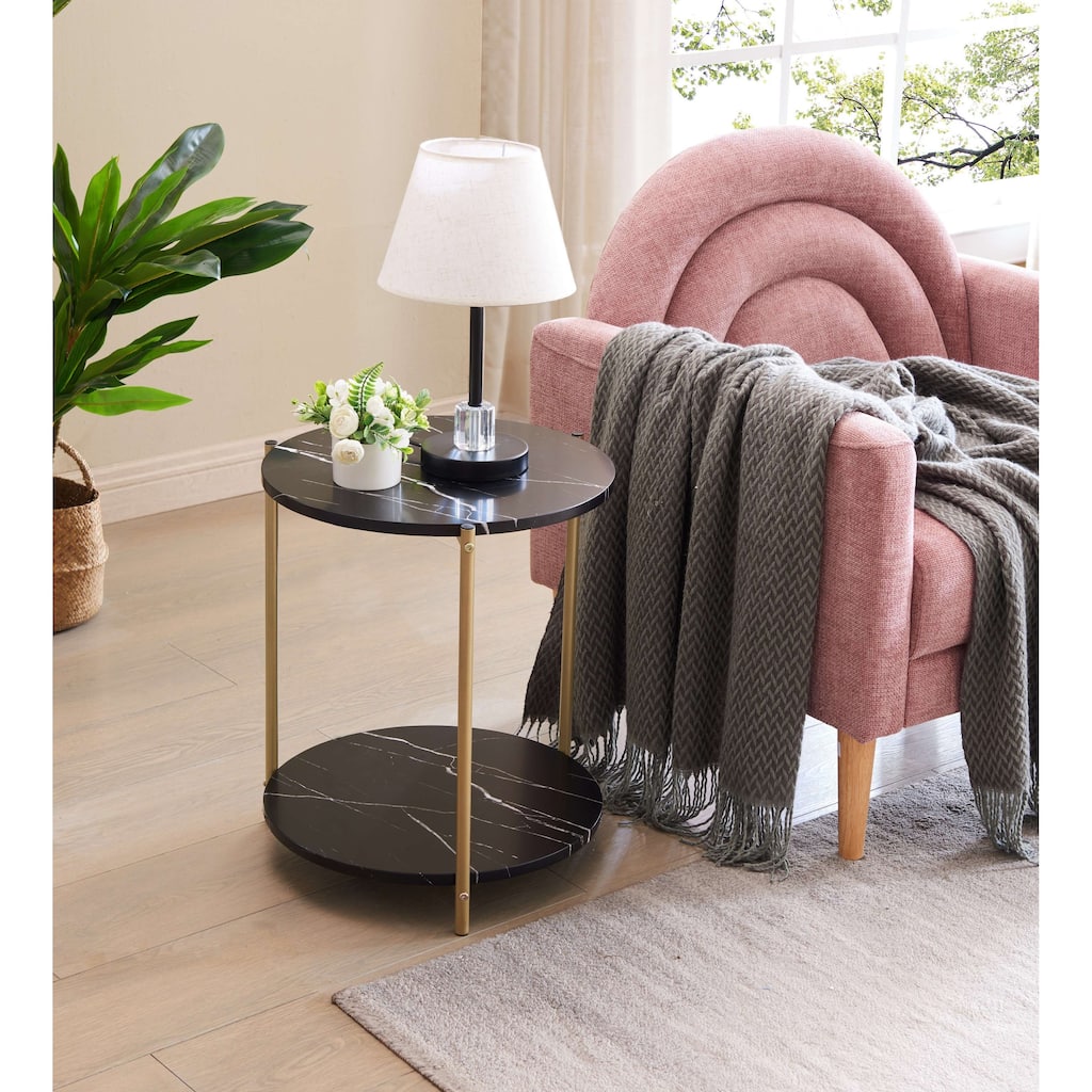 Round Side End Table - Nightstand Bed Side Table (Black/Gold)