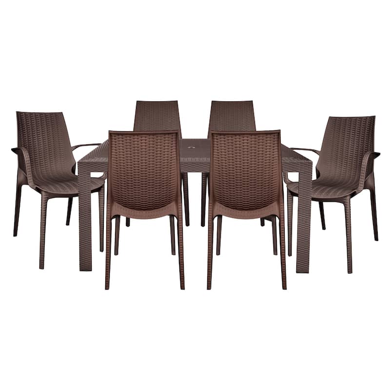 LeisureMod Kent 7-Piece Outdoor Dining Set with 4 Chairs 2 Arm Chairs - 28" - Brown