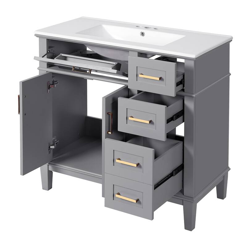 GDFStudio - Elysia Wood & Ceramic 36" Bathroom Vanity with Sink, Soft-Close Doors & 4 Drawers