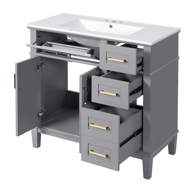 Roomfitters 36" Modern Bathroom Vanity with Ceramic Sink, Soft Close Doors, 4 Drawers for Storage, Elegant Design