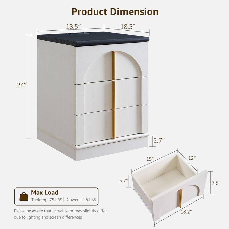 Modern Arched 3 Drawers Nightstand with Charging Station, Side Table
