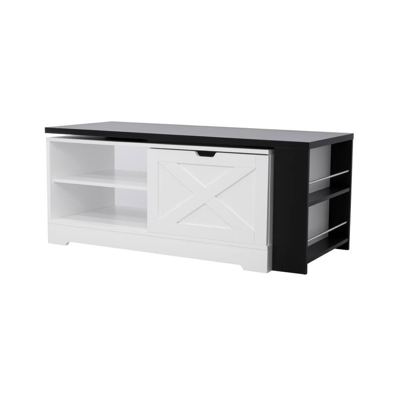 Farmhouse Lift Top Coffee Table, Wood Rectangular Center Table with Hidden Storage, Barn Doors, Open Cabinet