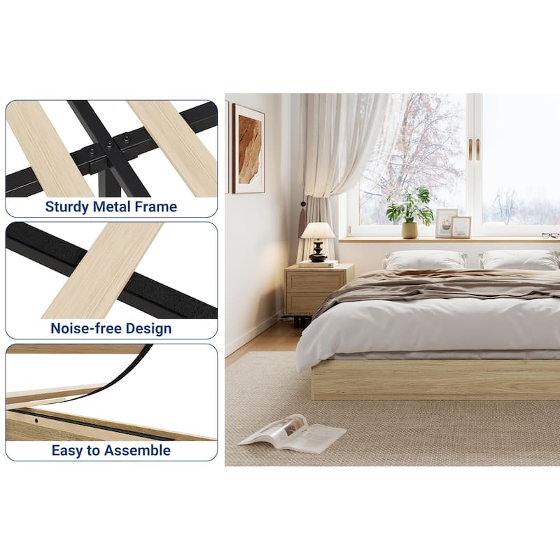 Solid Wood Platform Bed, Floor-Standing Bed Frame with Strong Wooden Slats