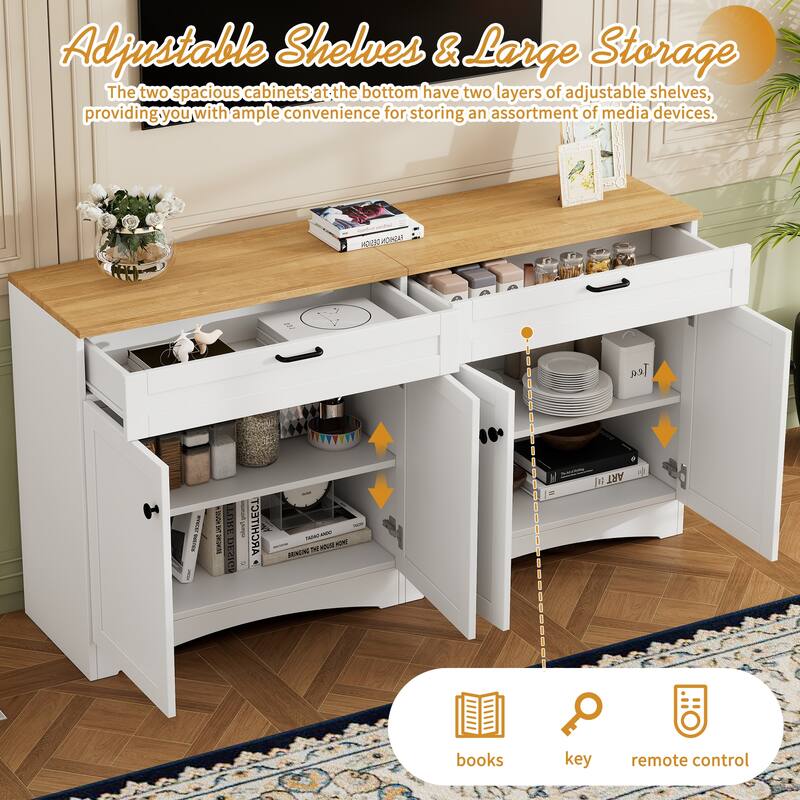 Farmhouse Style TV Stand Versatile Wood Grain Sideboard, for TVs up to 70 Inches with 2 Drawers, for Living Room/Bedroom, White