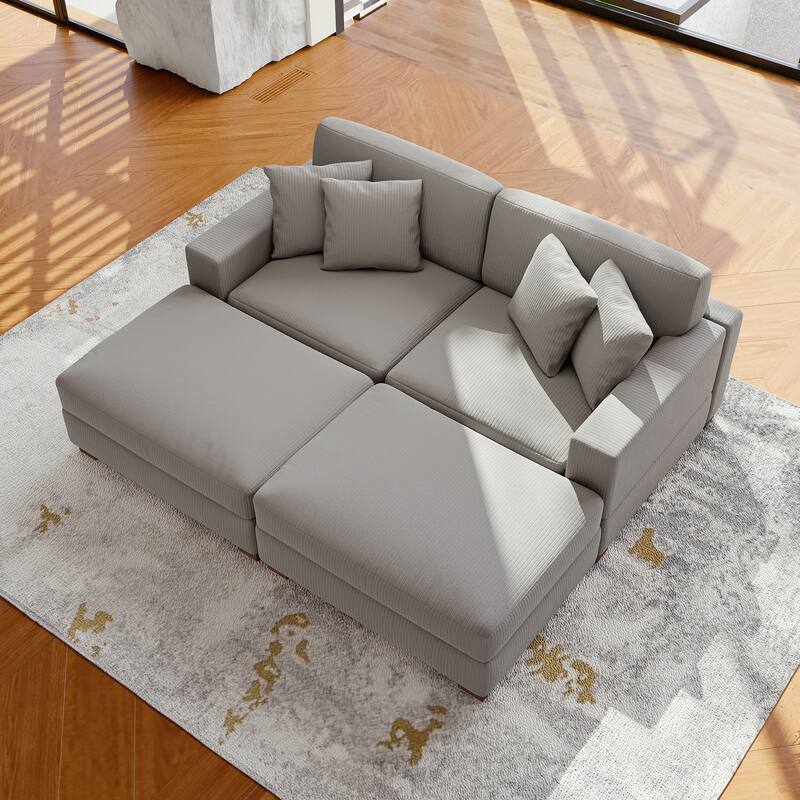 Modular Corduroy Sectional Sofa Set Chaise Couch with Ottoman