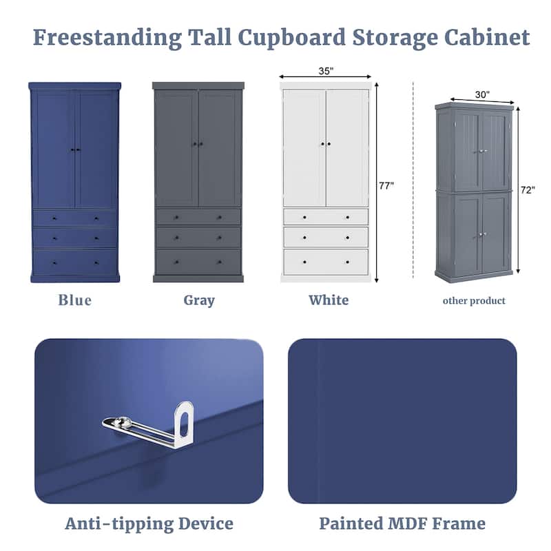 77"Farmhouse Kitchen Pantry, Freestanding Tall Cupboard Storage Cabinet with 3 Adjustable Shelves, 8 Door Shelves, 3 Drawers