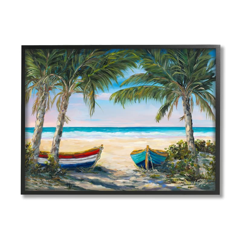 Stupell Row Boats on Beach Shore Tropical Palm Trees Framed Wall Art