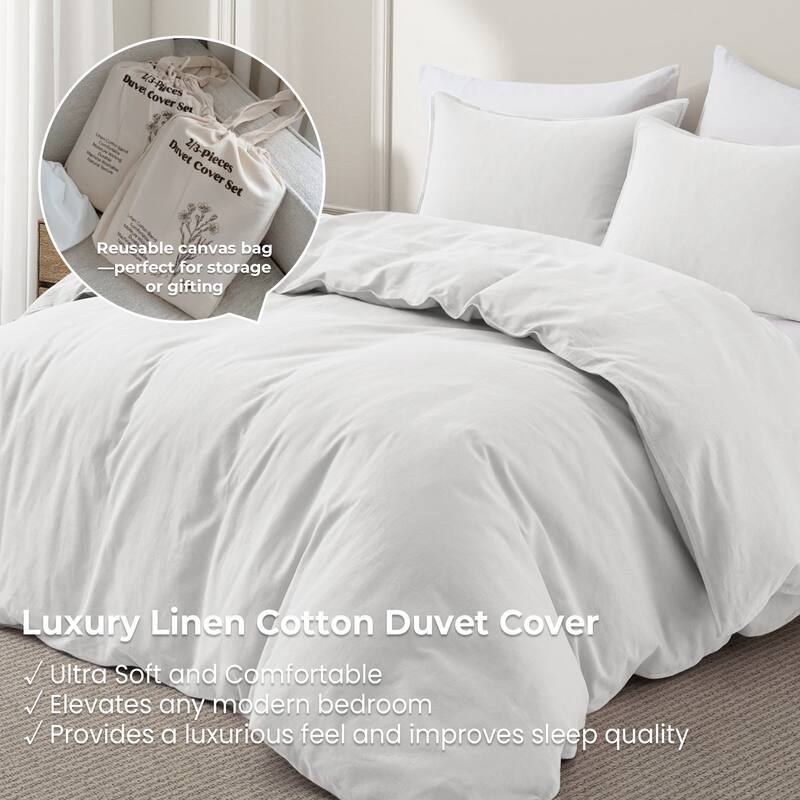 Flax Linen Cotton Blend Duvet Cover Set, Durable, Breathable and Moisture-Wicking, 3 Piece Bedding Set