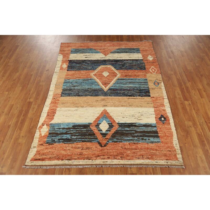 Tribal Moroccan Oriental Area Rug Hand-Knotted Orange Wool Carpet - 5'7" x 8'3"