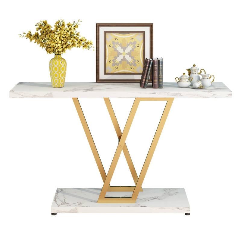 V Metal Leg Gold/White 42 Inch Entryway Tables Console Table