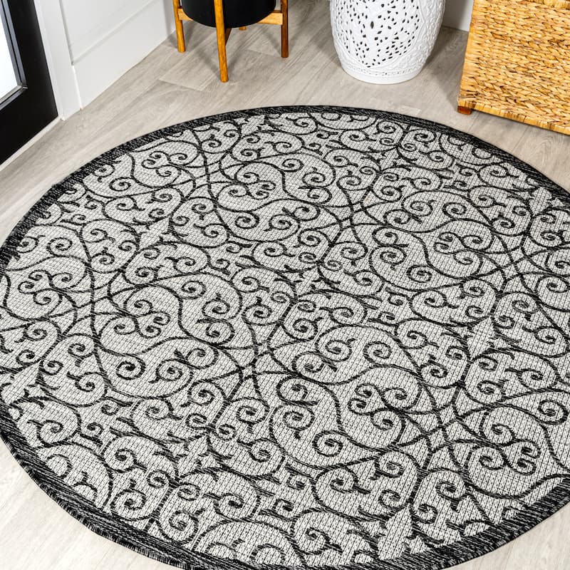 JONATHAN Y Ourika Textured Weave Indoor/Outdoor Area Rug - 9' Round - Light Gray/Black