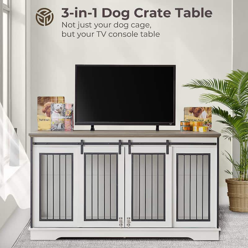 Sapphome Dog Crate Furniture Large Breed TV Stand with 2 Sliding Doors,Grey