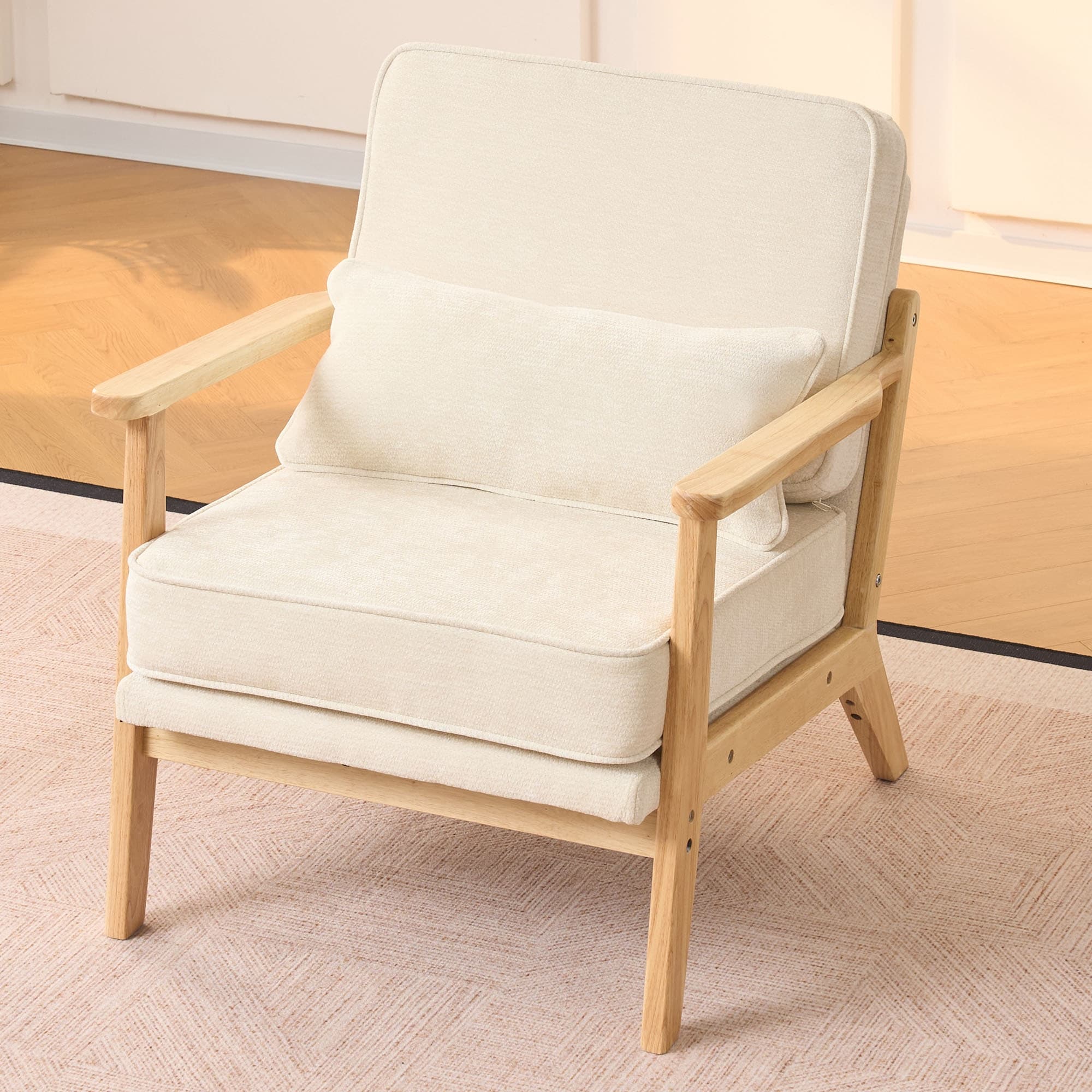 Minimalist Side Chair Vanity Chair with Wood Legs, Reception Chair Beige Padded Chair Accent Chair Arm Chair