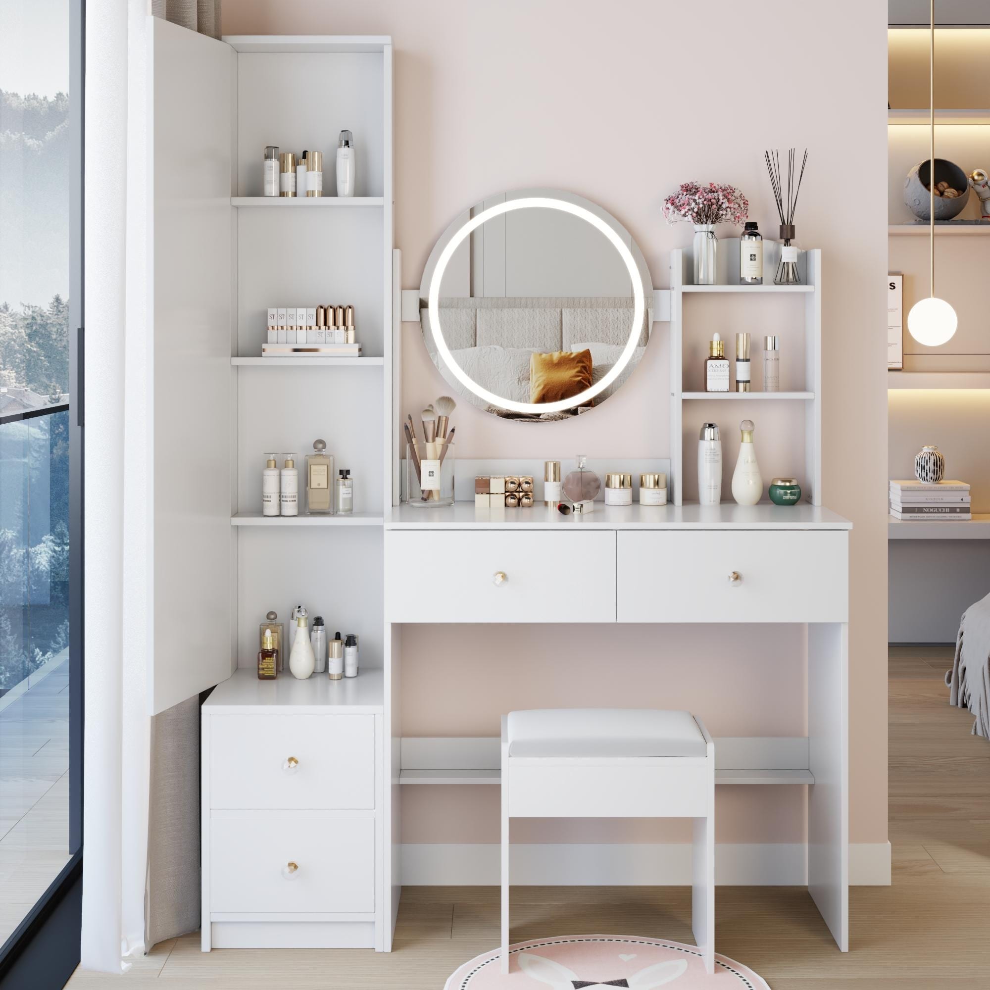 cute dressing table with mirror Soft Pink Pastel Vanity Desk, Modern Dressing Table With Round Mirror, Multi-Level Cabinet Shelves, 3 Storage Compartments, Perfect For Apartments & Bedrooms