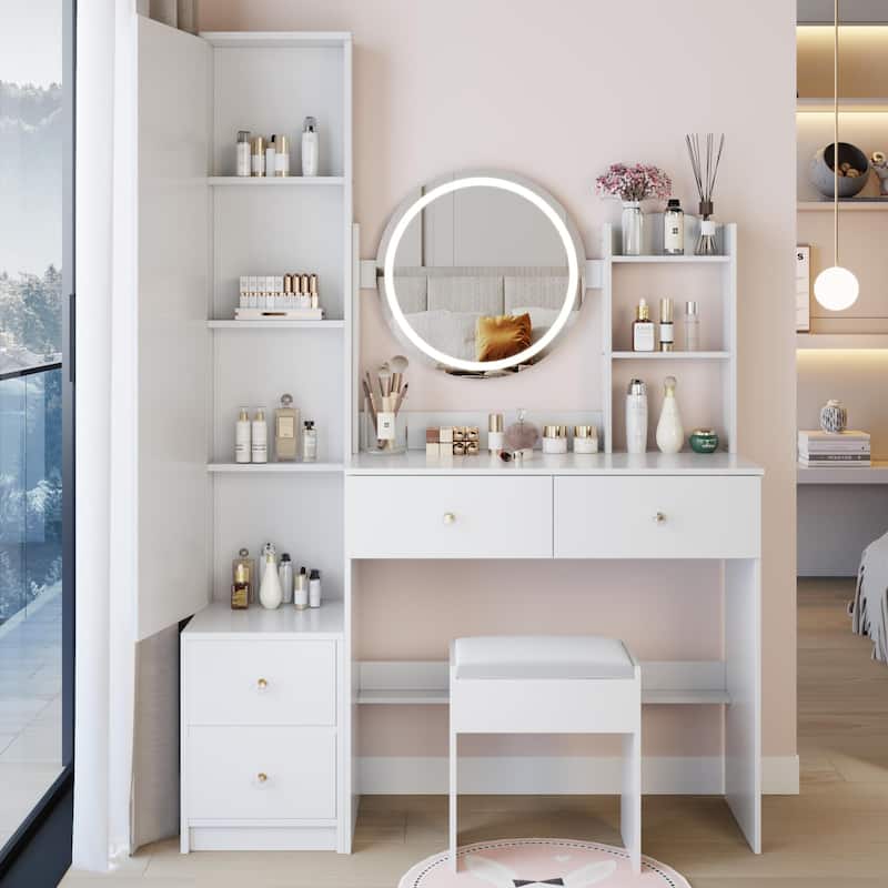 Makeup Vanity Table with Round LED Mirror - TYPE1-White