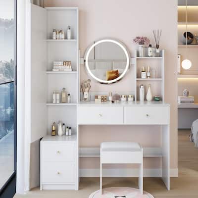 Makeup Vanity Table with Round LED Mirror