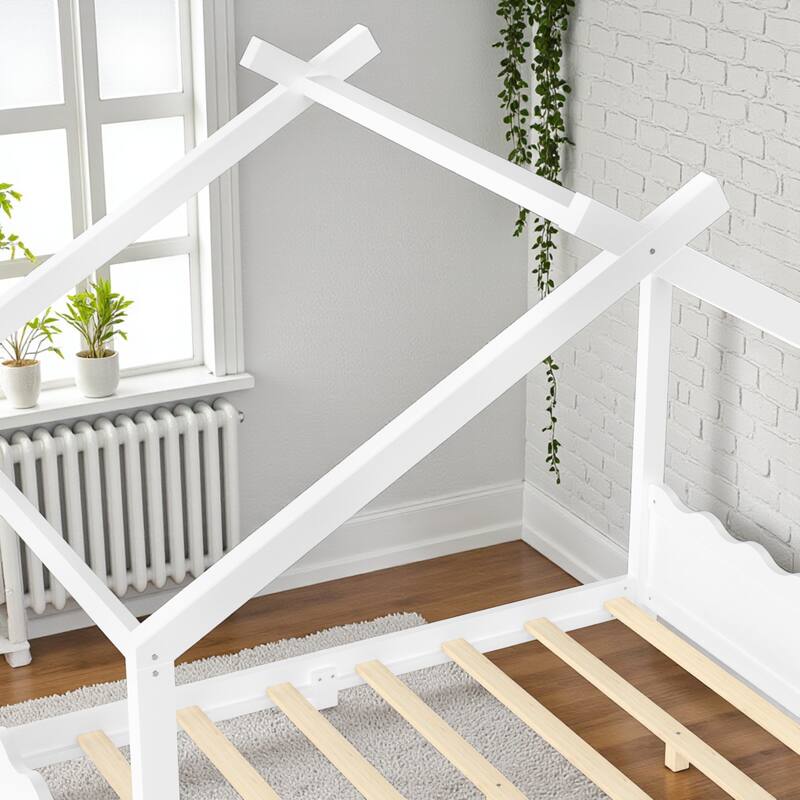 Kids Solid Wood House Floor Bed with Support Slats, Montessori Low Profile Bed, No Box Spring Needed