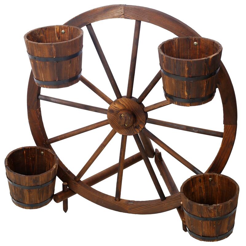 Wood wagon wheel barrel planter, Wagon Wheel Barrel Planter Display