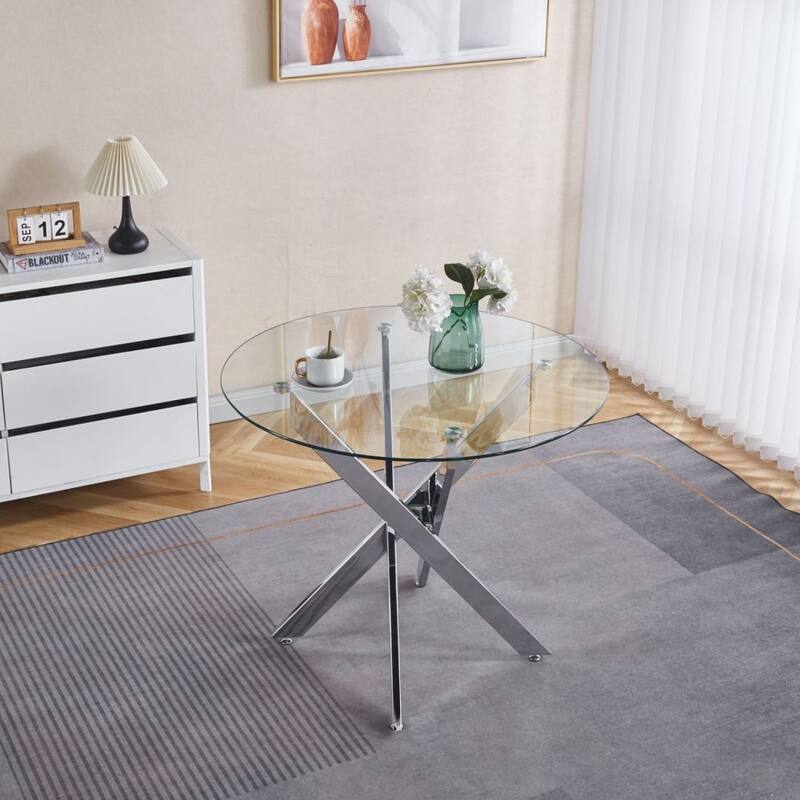 Dining Table with cross metal leg and tempered glass,Modern Space Saving Kitchen Table for Living Room,chrome legs - Chrome