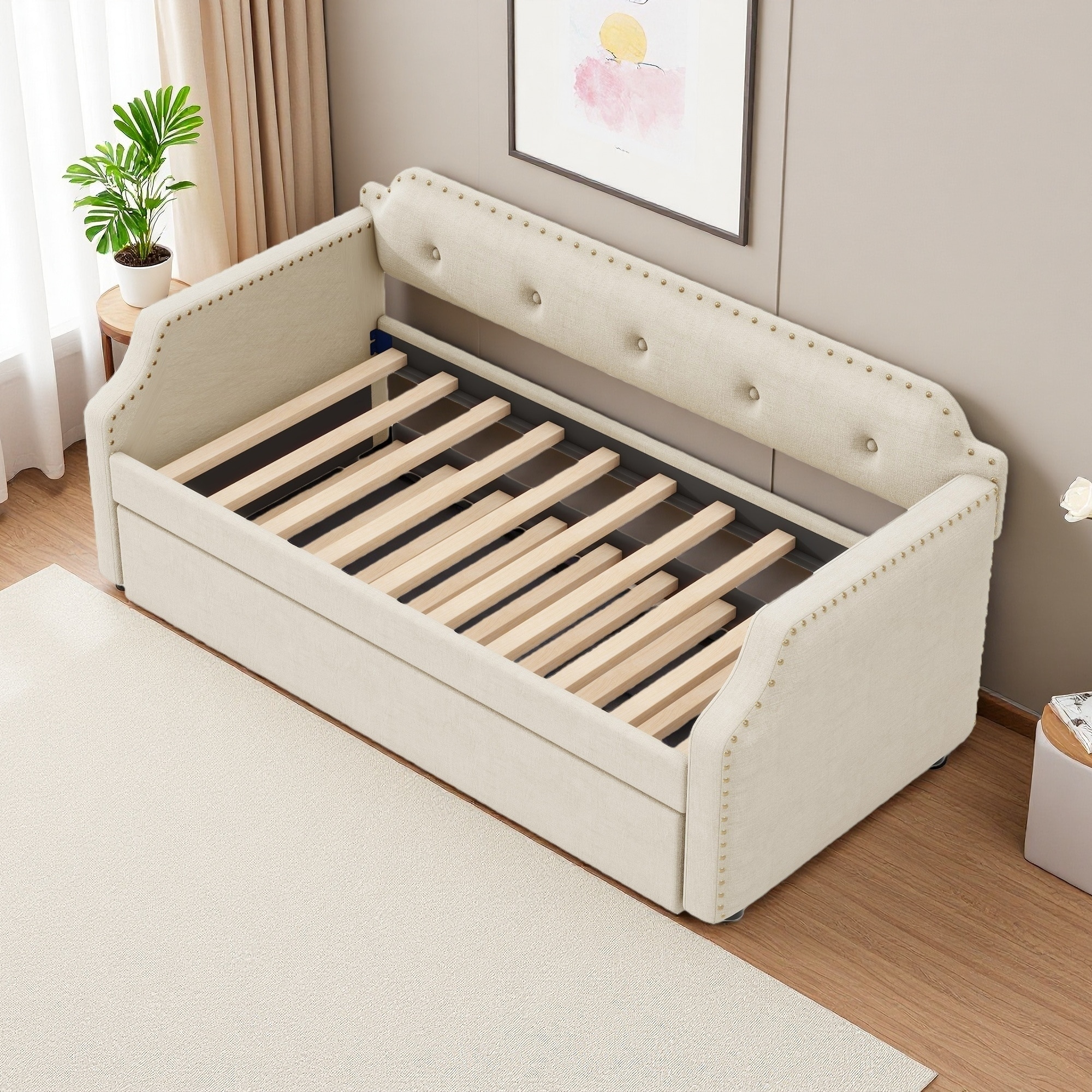 Twin Size Upholstered Daybed with Trundle, Wood Slat Support, Sofa Bed with Upholstered Frame, Guest Bed for Living Room