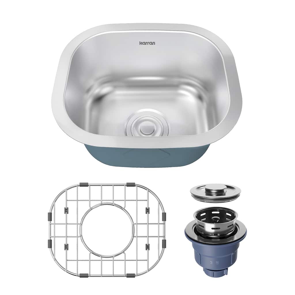 Karran Profile 15” Undermount 18 Gauge Single Bowl Stainless Steel Kitchen Sink with Accessories