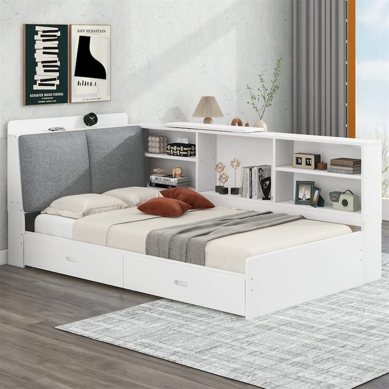 Wood Twin Size platform bed w/Storage Headboard,Shelves and 2 Drawers - White