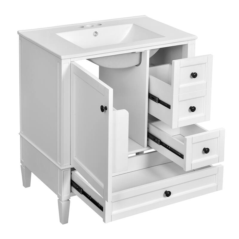 Roomfitters 30" Vanity with Ceramic Sink, Solid Wood Frame Bathroom Cabinet with 3 Drawers, Modern Storage Design