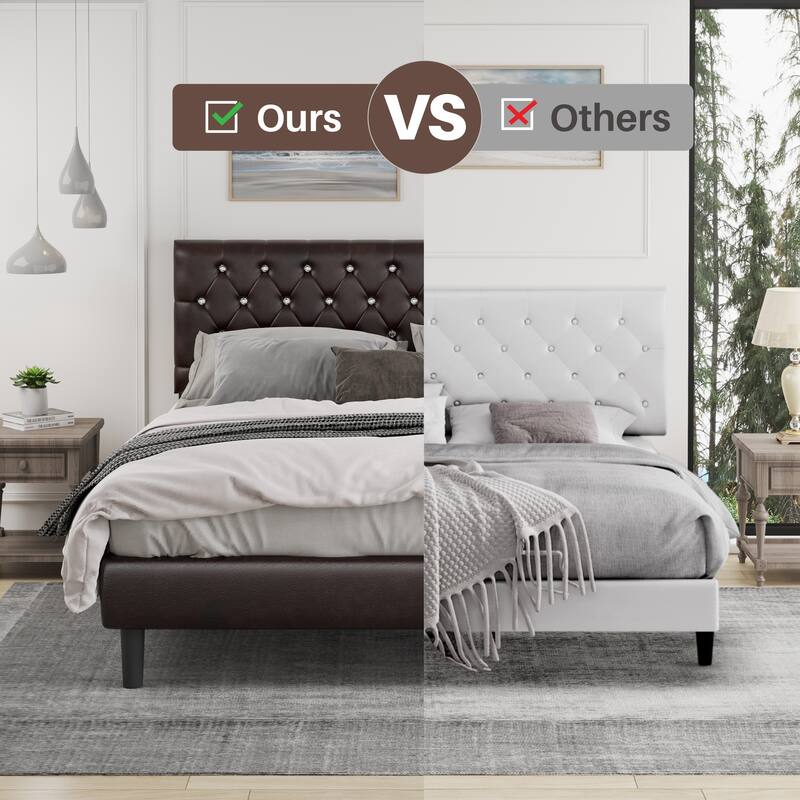 Brown Platform Bed Frame with Diamond Tufted Adjustable Headboard, No Noise, 800 lbs Capacity