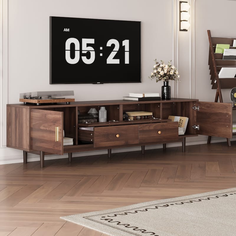 Roomfitters 76" Modern TV Stand for TVs Up to 85", Walnut Entertainment Center with Rattan Accents & Storage Cabinets - Dark Brown