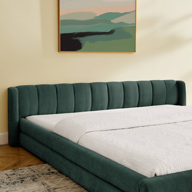 Chenille Fabric Upholstered Low Profile Platform Bed, Thick Fabric Frame Grounded Bed, Low Wingback Floor Bed
