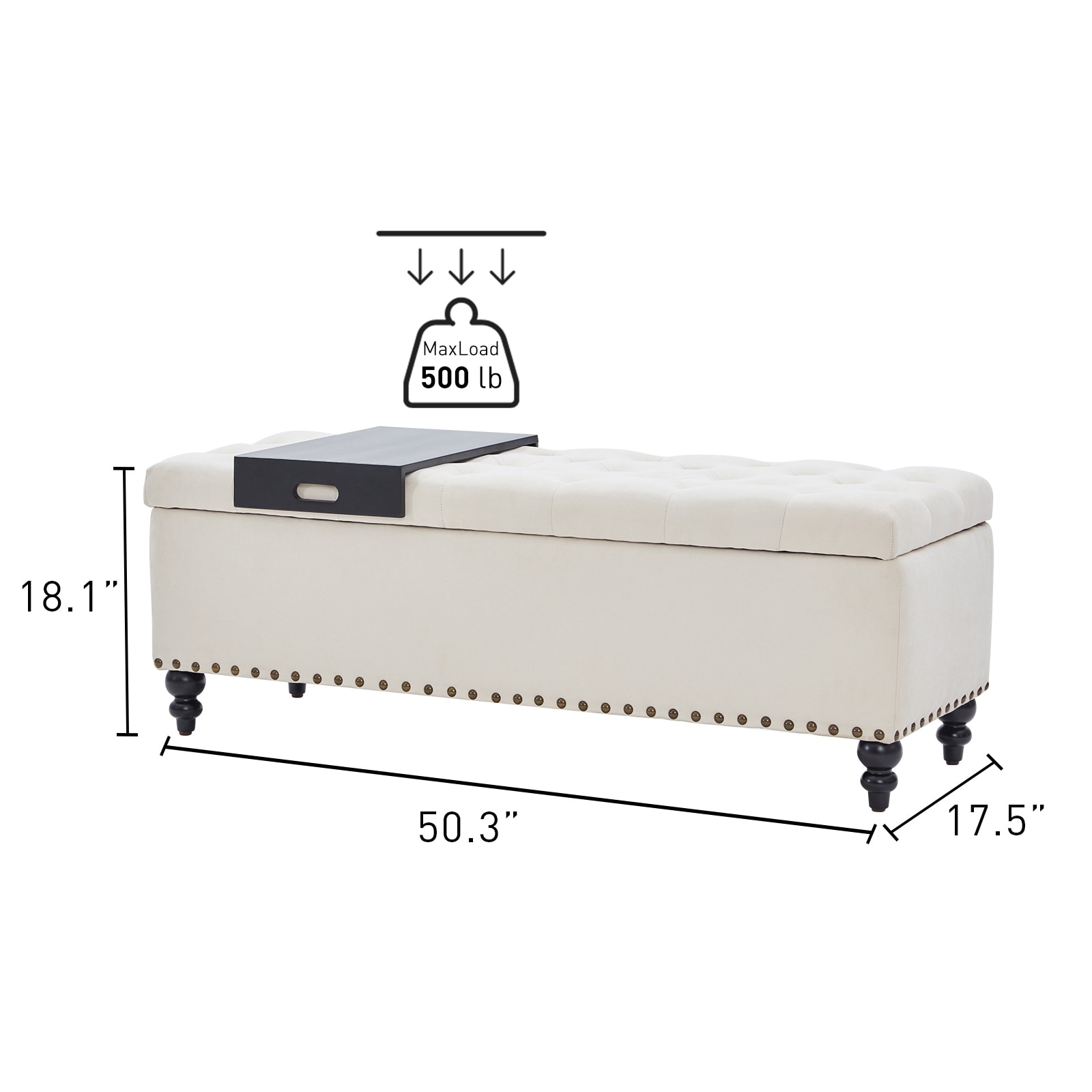 HUIMO 50 inch Button Tufted Storage Bench Ottoman with Removable Tray for Living Room Bedroom Beige Grey Bottom rivets design
