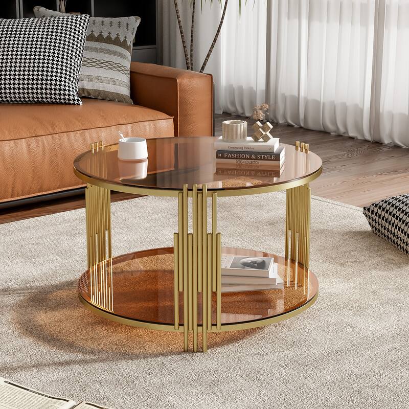 Modern Mirror Coffee Table, Asymmetrical Metal, Circular Metal Drum Base, Gold Finish & Lower Shelf