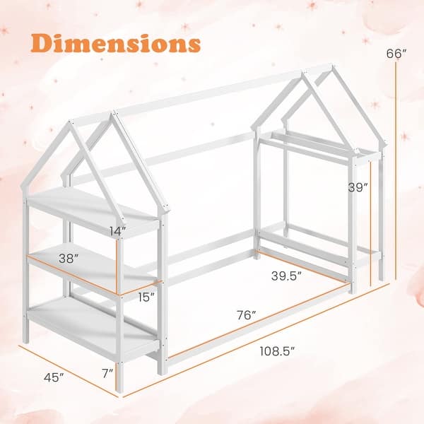 dimension image slide 0 of 2, Twin Size Montessori Floor House Bed with Detachable Storage Shelves and Clothes Hanging Rack