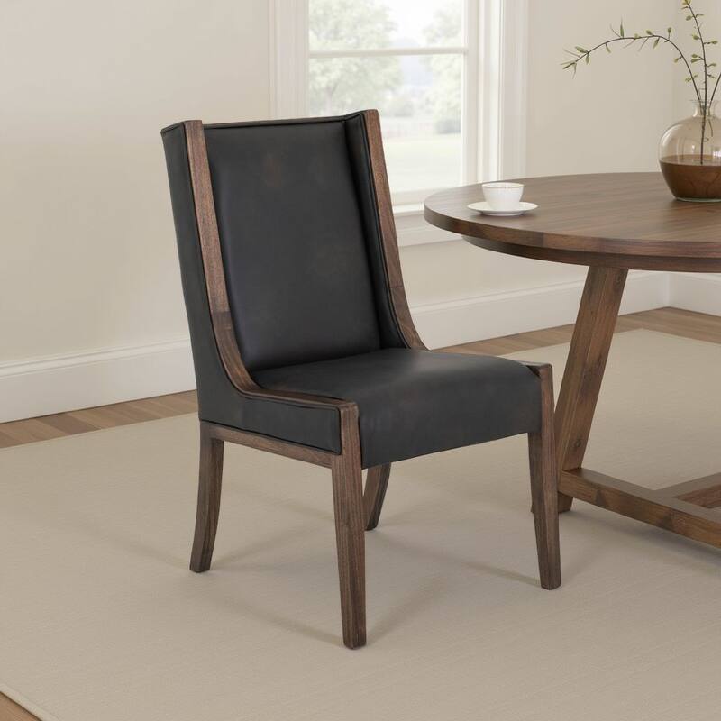 Ally Dining Side Chair Set of 2, Walnut Brown Wood, Black Faux Leather