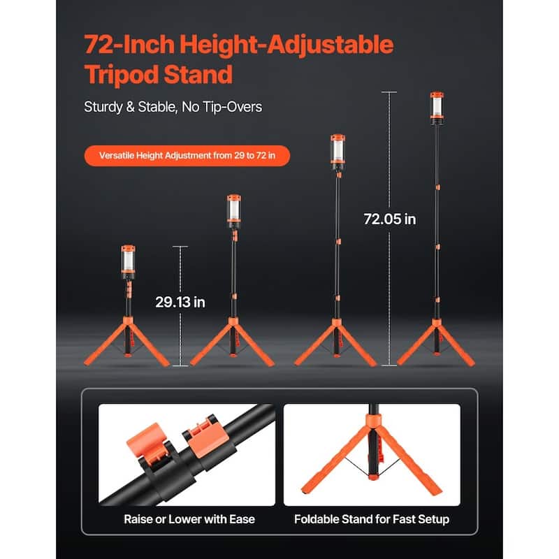 Rechargeable LED Work Light with Adjustable Tripod Stand 3000K–6500K Brightness Control for Camping - Black-Orange