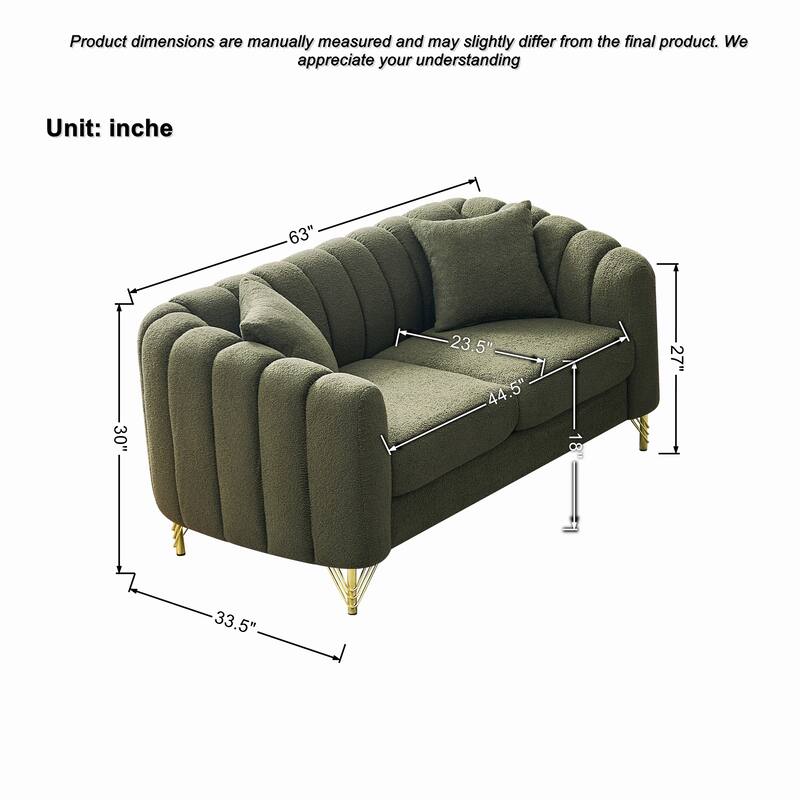 Roomfitters 63" Modern Teddy Fabric Loveseat with Gold Legs, Channel Stitched 2-Seater Sofa for Small Spaces