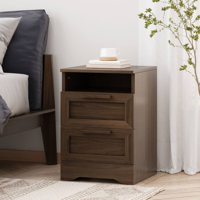 Roomfitters Contemporary Nightstand End Table with Open Storage Shelf and Wood Pull, Side Table for Living Room, Walnut