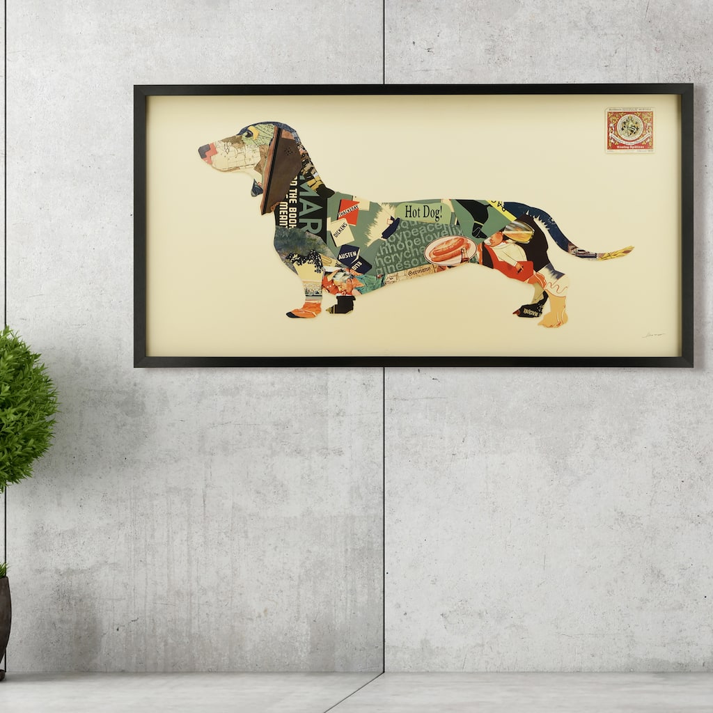 "Dachshund" Alex Zeng's dimensional collage, under glass & a black shadow box frame