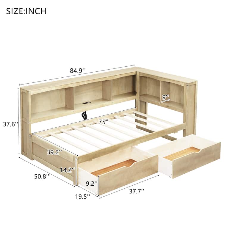 Twin Size Daybed Bed with Two Drawers, Storage Cabinets and USB Ports, Wooden L Shaped Storage Bed for Bedroom