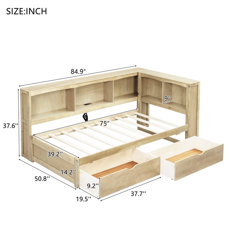 Twin Size Daybed with 2 Storage Drawers, Storage Cabinets and USB Ports, White