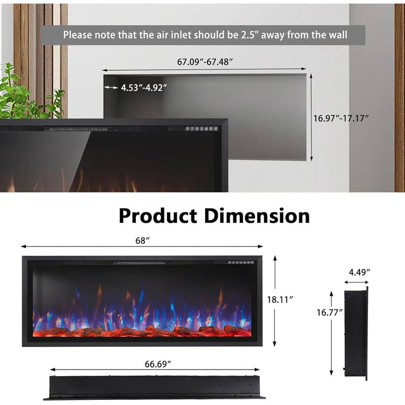 BOSSIN Recessed Wall Mount Electric Fireplace - Ultra-Narrow Frame, Low Noise, Remote w/Timer, Adjustable Flame Color & Speed
