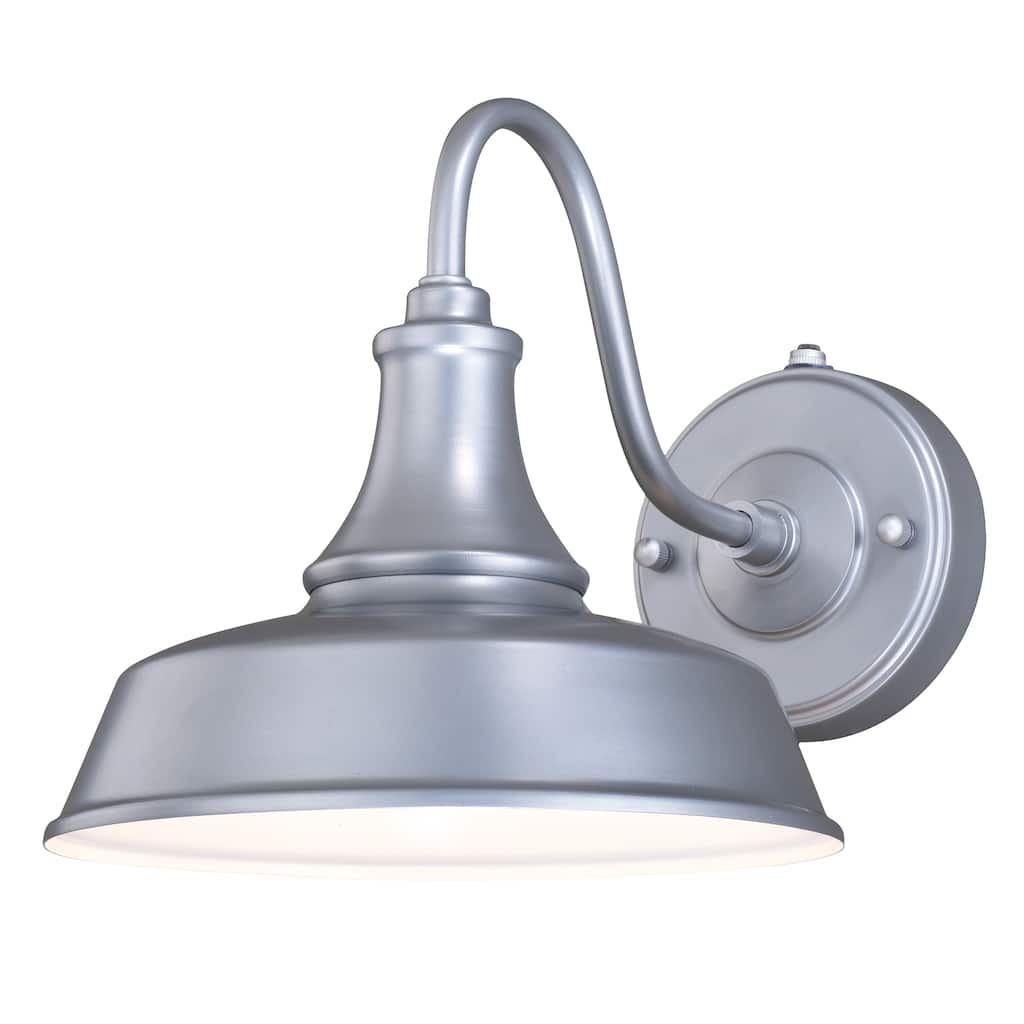 VAXCEL Dorado 1-Light Satin Silver and White Dusk to Dawn Sensor Farmhouse Outdoor Wall Sconce, Gooseneck Shade, Dark Sky