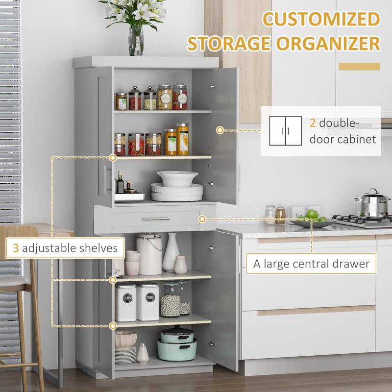 Modern Kitchen Pantry Freestanding Cabinet Cupboard with Doors and Drawer - Grey