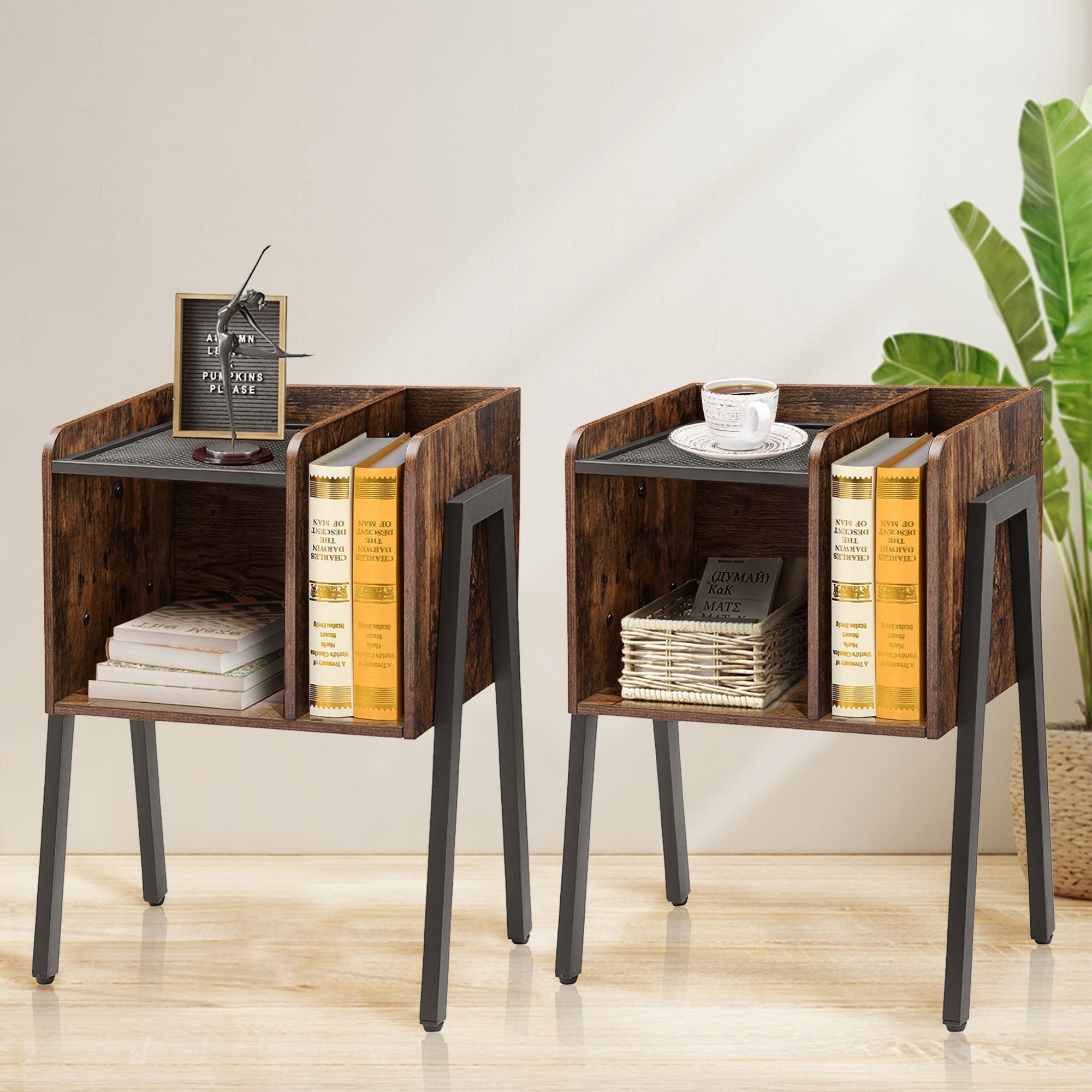 Set of 2 Modern Industrial Nightstand Open Style Structure Side